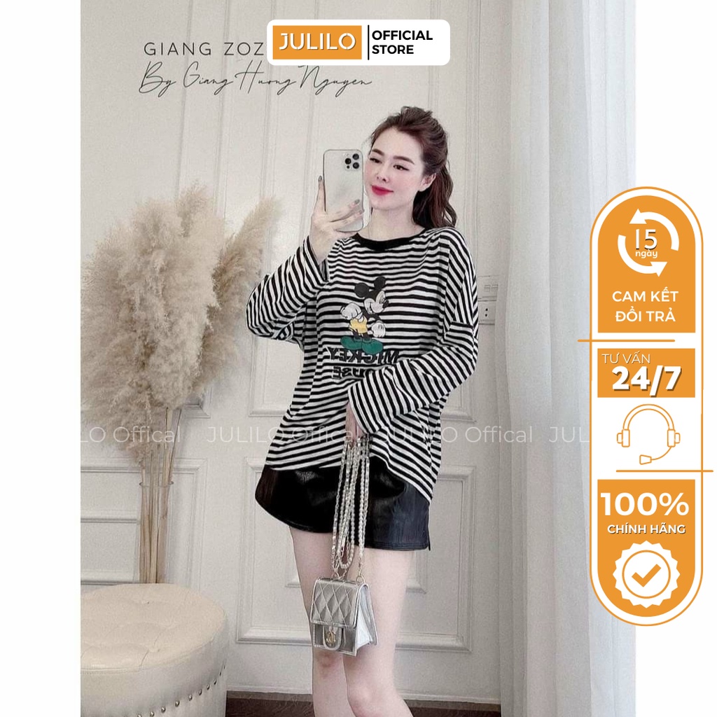 Áo Thun Nữ Mickey Dài Tay JULILO Chất Liệu Nỉ Thun Sọc Ngang Đen - Mã 071