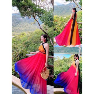 (miễn phí chỉnh váy) đầm maxi yếm màu loang ombre cầu vồng phối nhiều màu đi biển du lịch chụp hình sống ảo