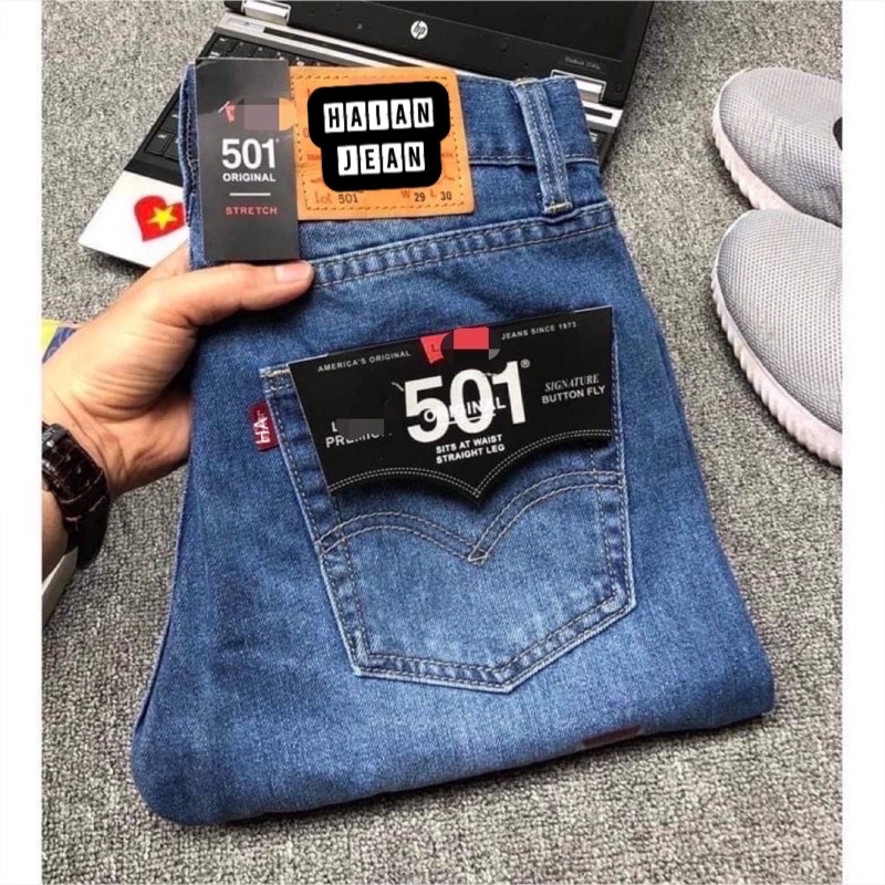 Quần jean nam xuất xịn ống suông 501 màu xanh trung-jean co giản nhẹ Hải An Jeans