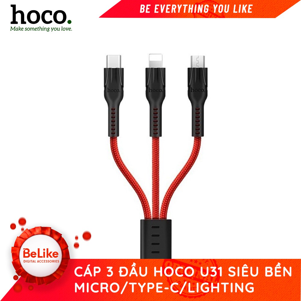 Cáp sạc 3 đầu Hoco U31 Benay dài 1.2M cổng microUSB Lightning TpyeC - Hãng phân phối