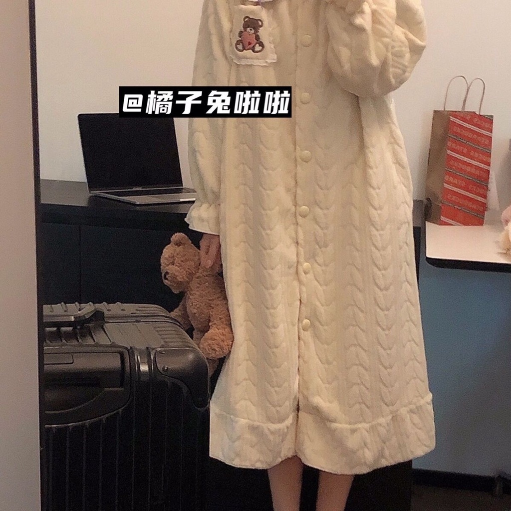 Đồ Ngủ Dễ Thương. Đầm Ngủ Lông Cừu San Hô Dày Dáng Dài Phong Cách Công Chúa Dễ Thương Thời Trang Mùa Đông 2021