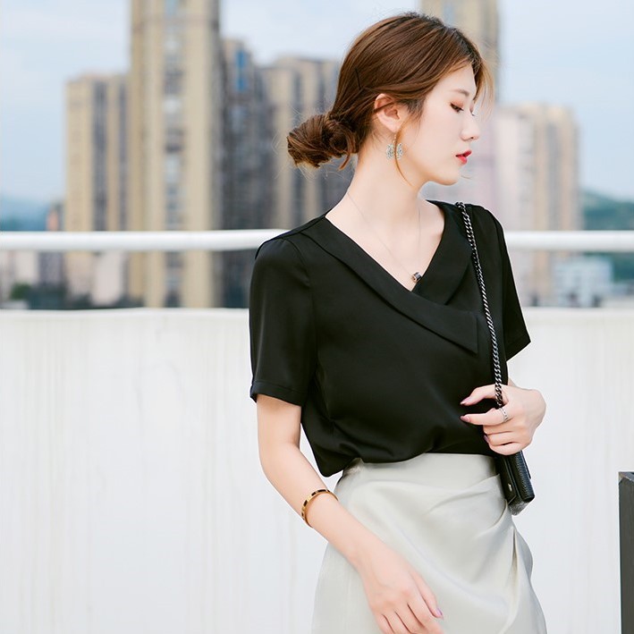 Áo sơ mi nữ cổ xếp Xuu Design, áo kiểu nữ tay ngắn công sở chất vải Voan cao cấp mềm mịn mát- SP23