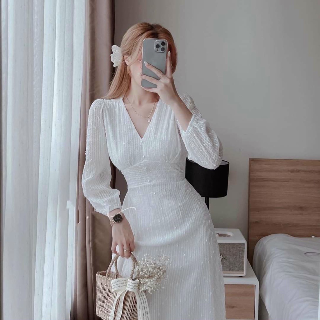 Đầm Dáng Xòe ❤️FREESHIP❤️ Cổ Tim Tay Phồng Dài Ren Đính Hạt Xinh Xắn