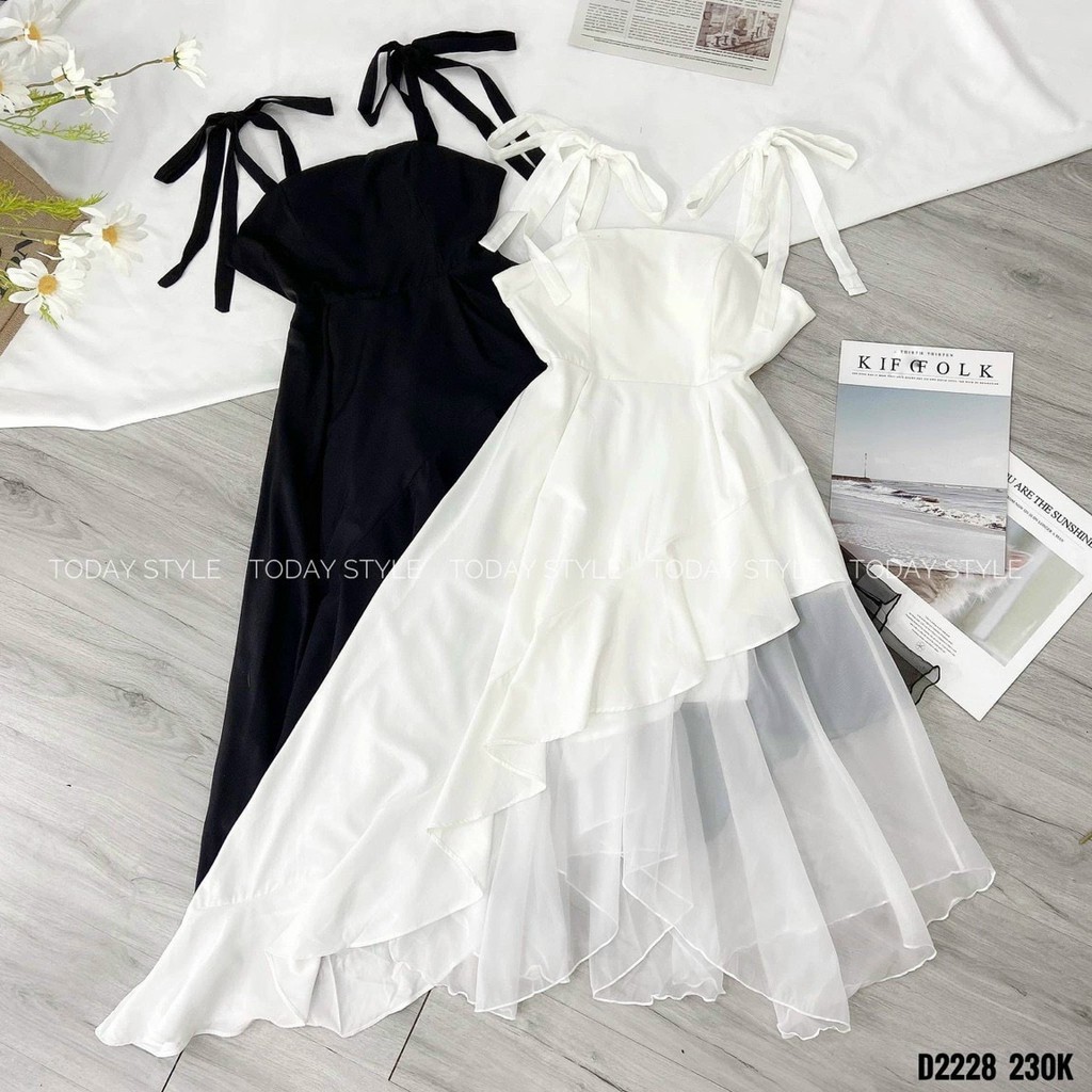 Váy đầm trắng xòe vintage đầm hai dây cúp phối lưới vạt xéo vai cột nơ form dài V0059 màu trắng đen Hadi Dress