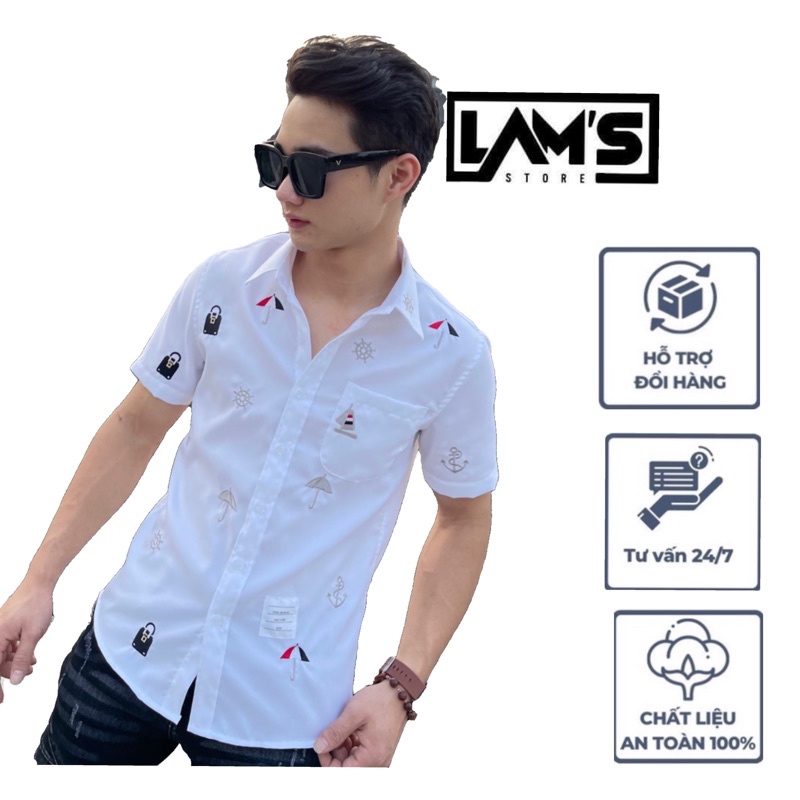 Áo sơ mi nam Thom Browne cộc tay hoạ tiết thêu độc đáo, chất liệu vải gai cao cấp, thoáng mát- Lam's Store