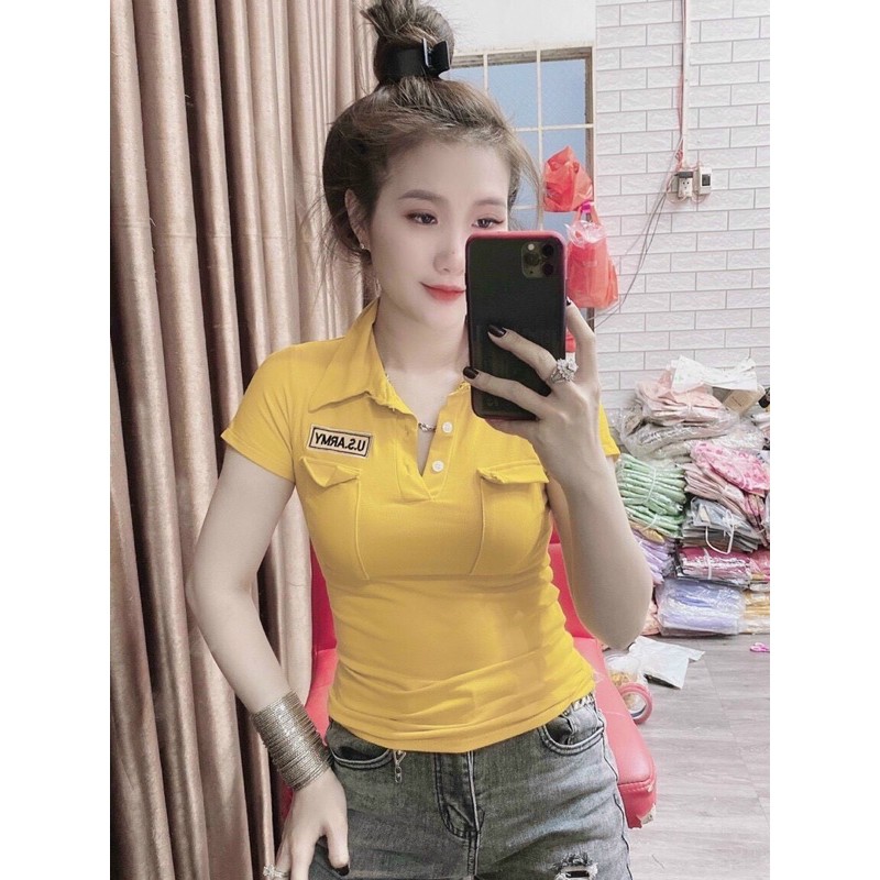 Áo thun body nữ có cổ phối túi có lo gô | BigBuy360 - bigbuy360.vn