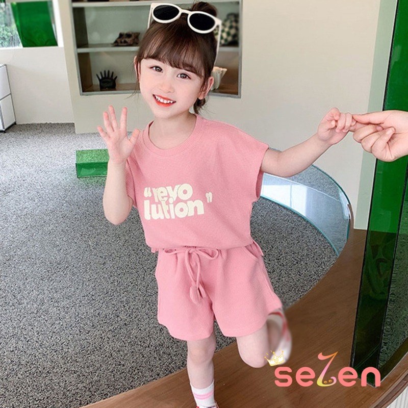Se7en Set Áo Thun Ngắn Tay In Chữ + Quần Short Thời Trang Hè Hàn Quốc Cho Bé Gái