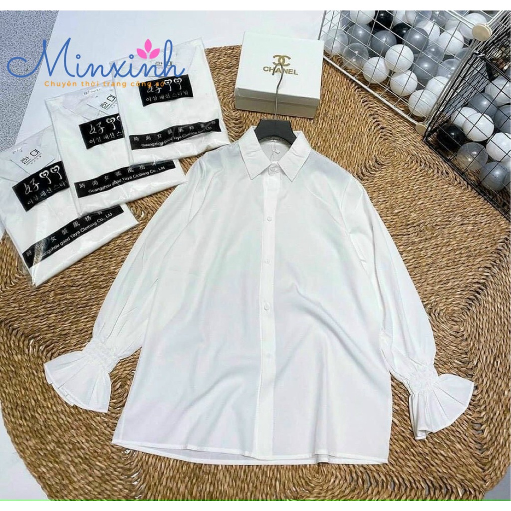 Áo Sơ Mi Nữ Trắng Bo Tay Minxinh Kiểu Dáng Bassic Dài Tay Chất Coton Lụa Đi Học Đi Làm Mã A055