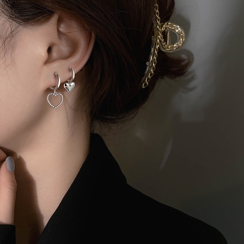 Khuyên tai MAYEBE LAVEND dáng dài hình trái tim màu bạc phong cách hip-hop Hàn Quốc đơn giản sành điệu