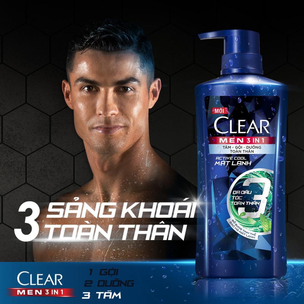 Dầu tắm gội Clear Men 3 trong 1 loại 630gr: Tắm + Gội + Dưỡng
