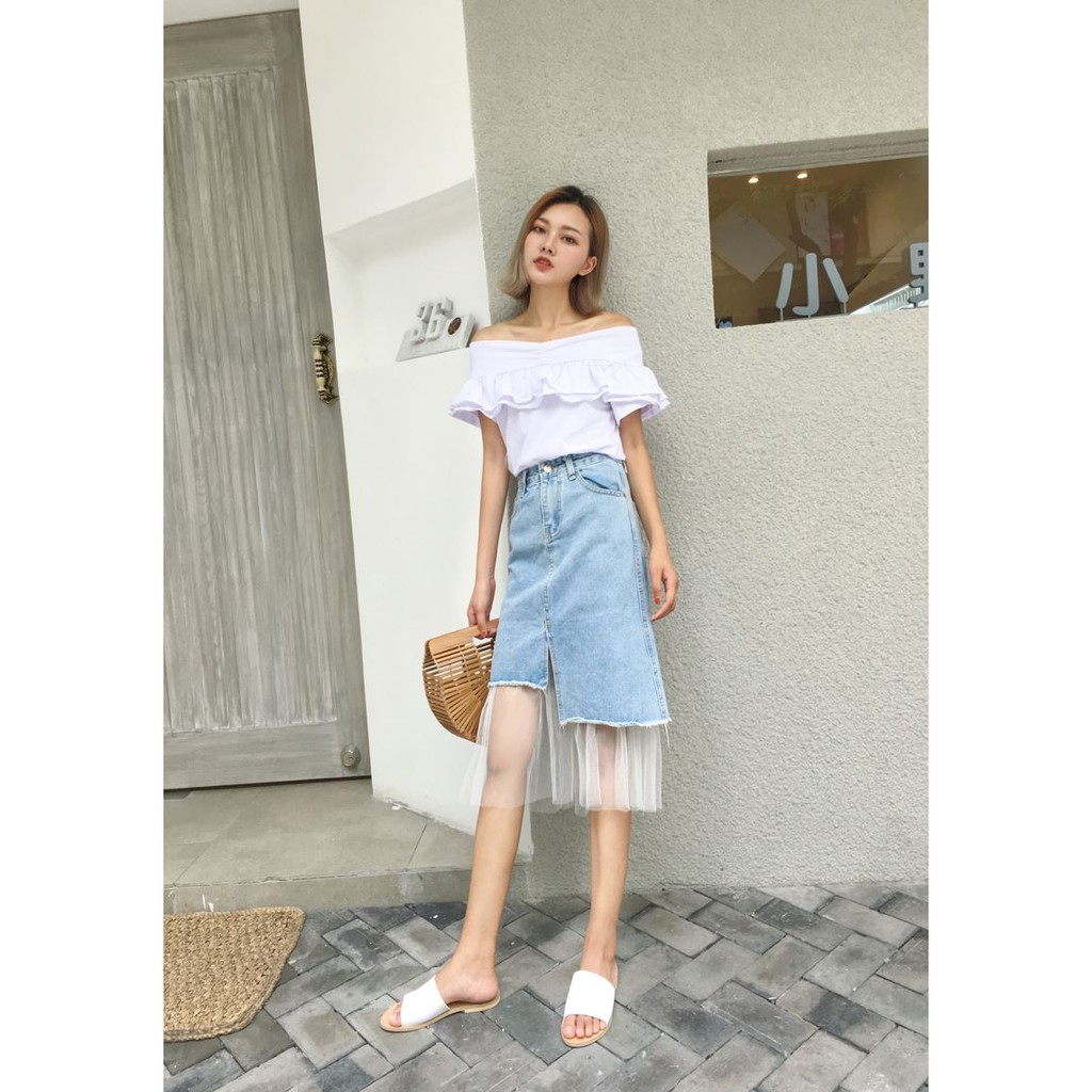 Chân váy jean ren dài