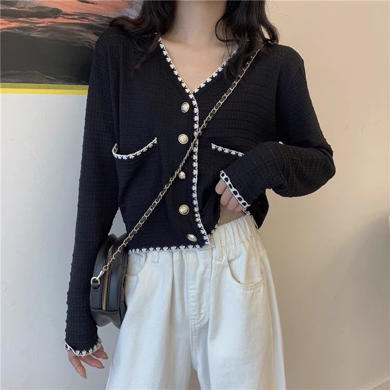 áo len khoác cardigan hàng khuy (cúc) kiểu viền nổi bật mix 2 túi (6563-1#)