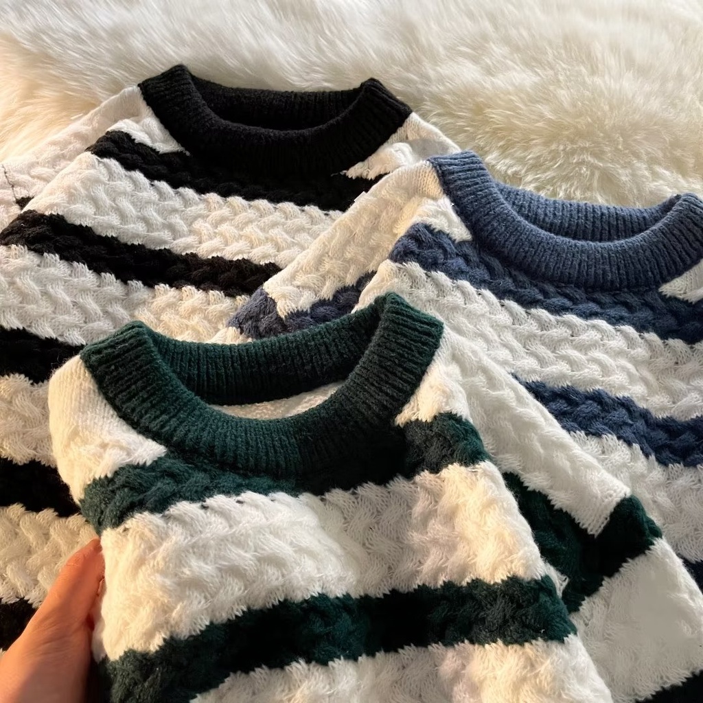 Áo Sweater Dệt Kim Kẻ Sọc Dáng Rộng Phong Cách Hàn Quốc Thời Trang Cho Cặp Đôi