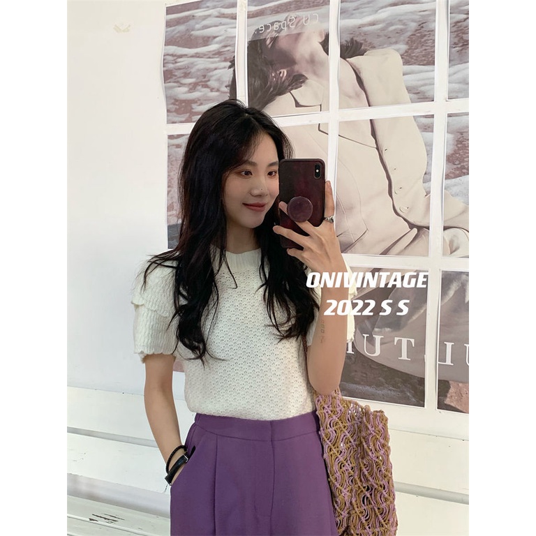 Áo Dệt Kim Mỏng Cổ Tròn Tay Phồng Phong Cách Hàn Quốc Mới