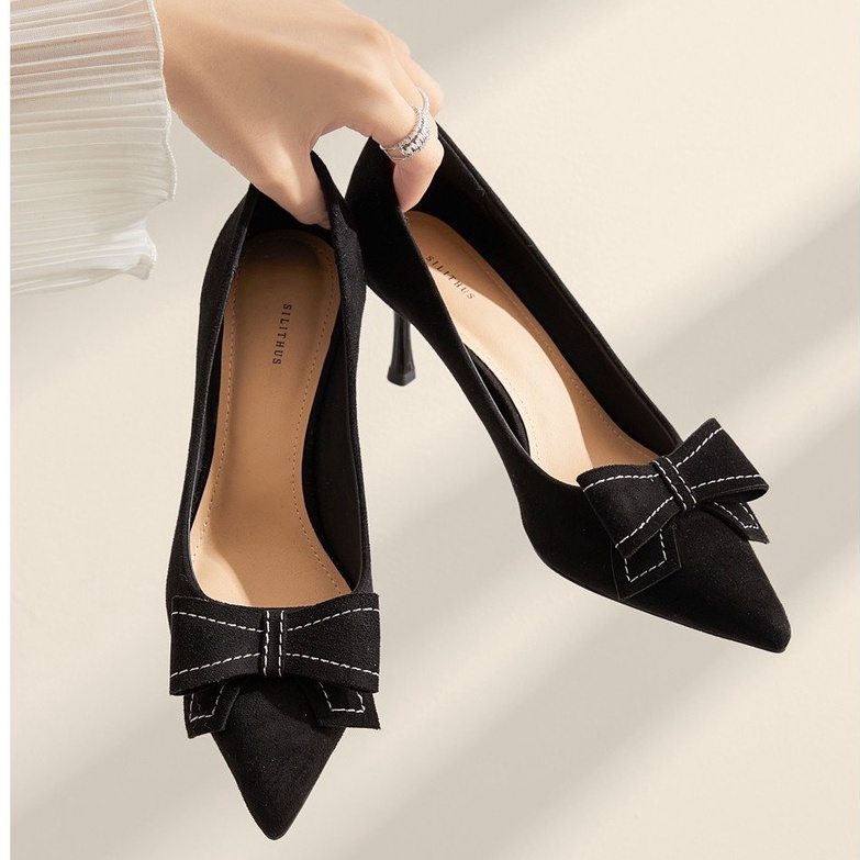 Giày cao gót quai nơ mã XKC53 cao 7P da lộn hàng siêu đẹp sang chảnh