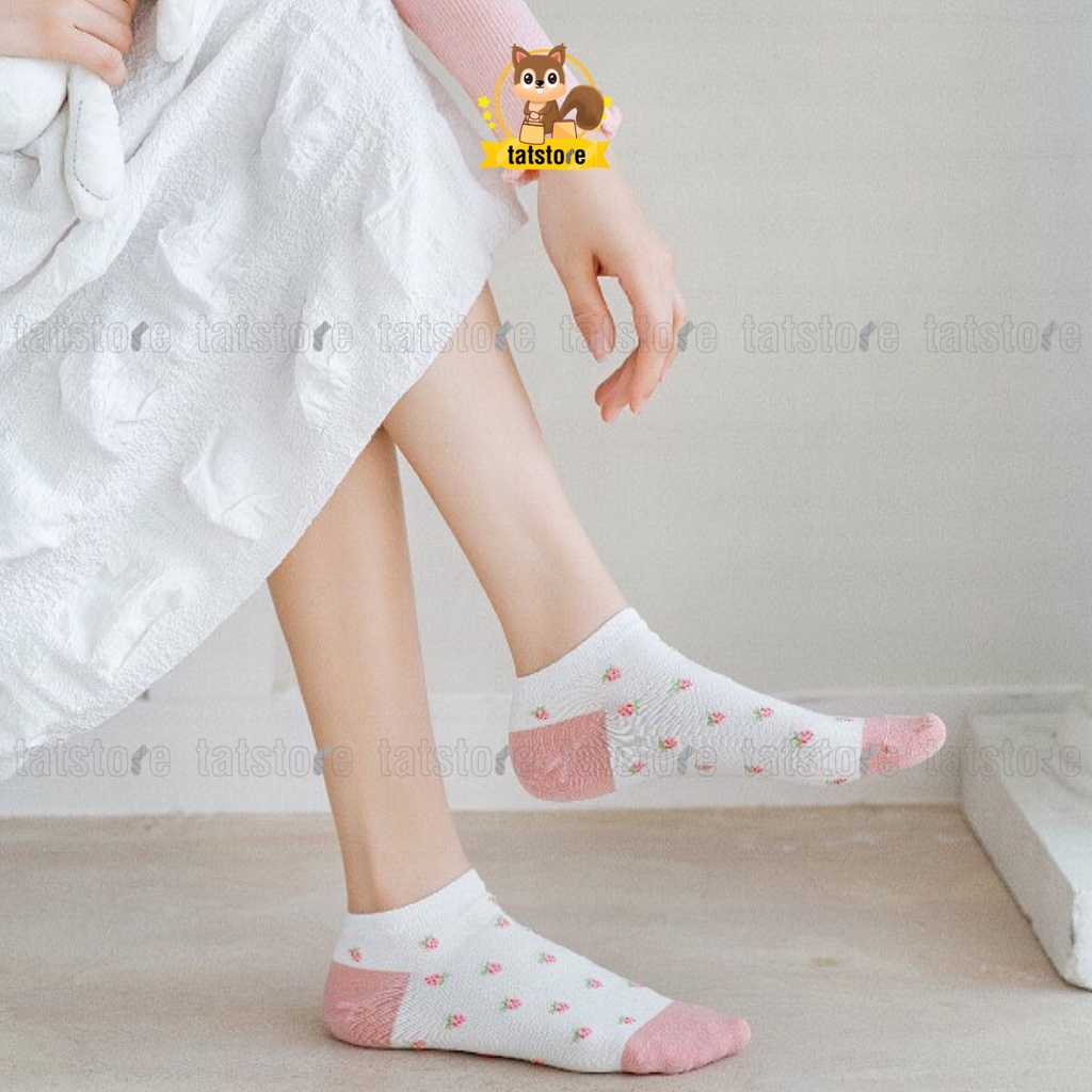 Tất nữ cổ ngắn thấp cute màu hồng Hàn Quốc dễ thương cotton họa tiết hoa TẤT STORE 2CNF18