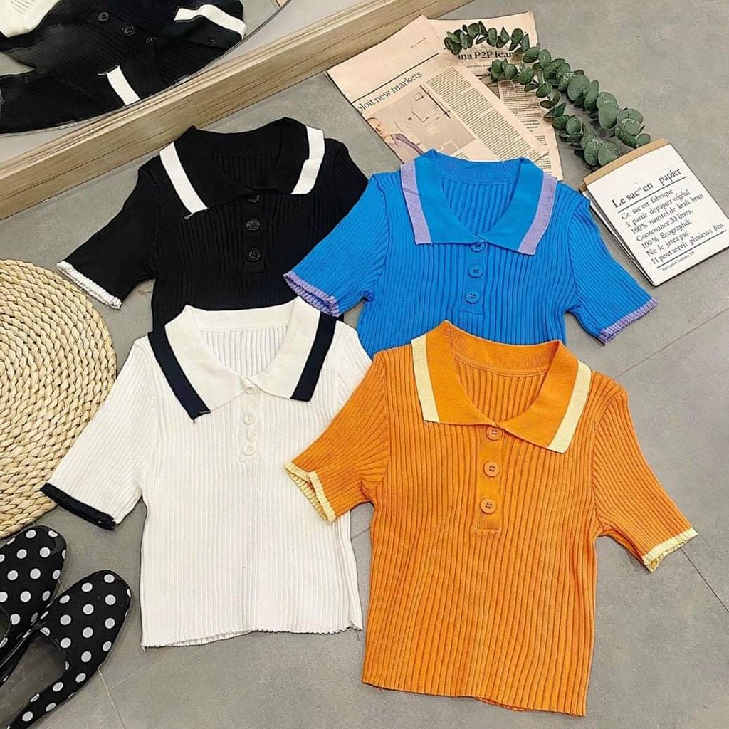 Áo Thun Croptop polo có cổ Thun gân ôm sát cho dán thon thả mượt mà Viền màu cổ, tay áo