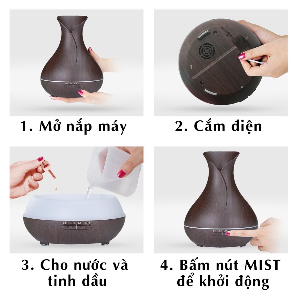 Máy Xông Tinh Dầu Hoa Tulip Vân Rạn Dung Tích Lớn 550ml Kèm Remote Điều Khiển