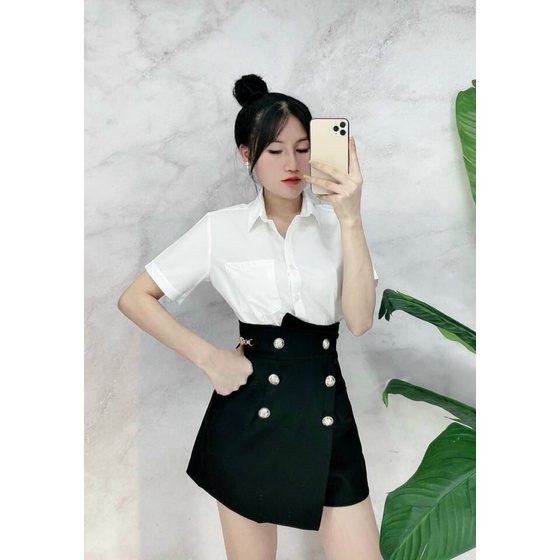 Quần váy cúc lưng cao Quảng Châu