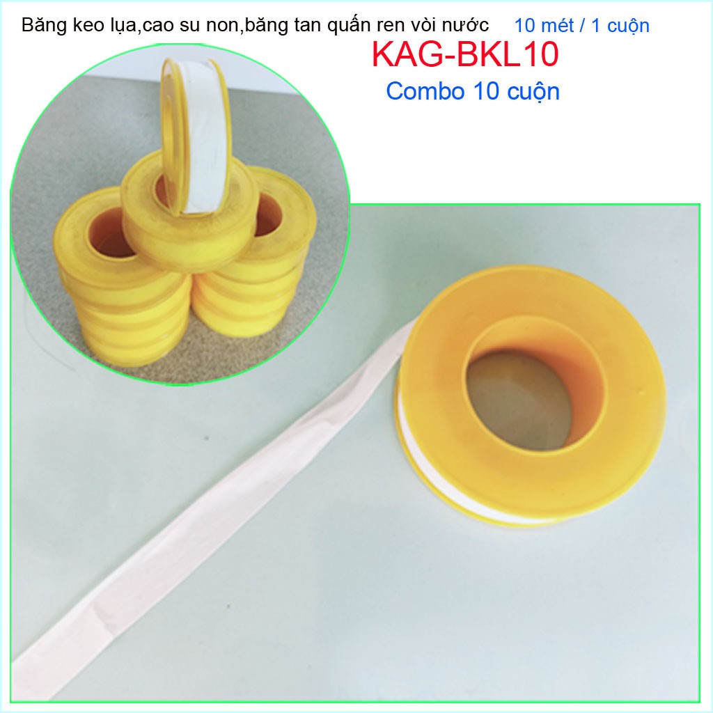 Combo10 hộp băng keo lụa 10m, combo10 cuộn cao su non 10 meters quấn ống nước KAG-BKL10