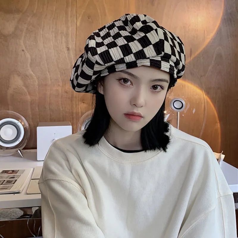 Mũ nồi phối sọc caro phong cách vintage Hàn Quốc