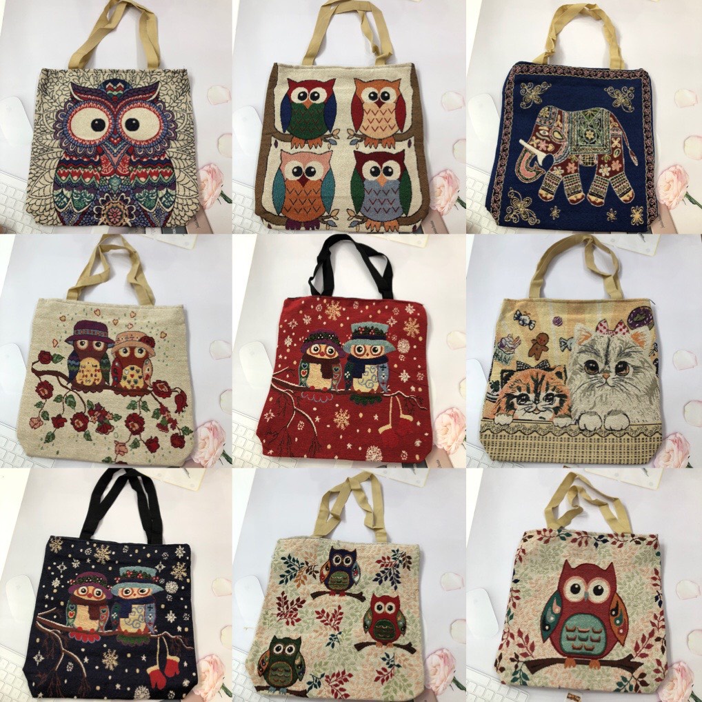 Túi thổ cẩm tote đeo vai Set kèm ví nữ hình cú, hoa văn thời trang giá rẻ, vải canvas màu sắc Vintage giá rẻ SANTA STORE