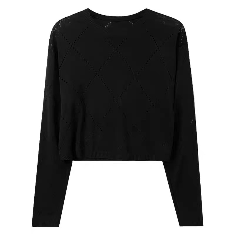 QKOOLE  Áo Croptop Dệt Kim Tay Dài Cổ Tròn Màu Ngọc Lam Phong Cách Hàn Quốc Thời Trang Cho Nữ