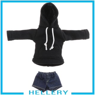 [HELLERY] Fashionable BJD Black Hoodie w/ Short Pants for 1/6 Blythe Dollfie BB Outfits