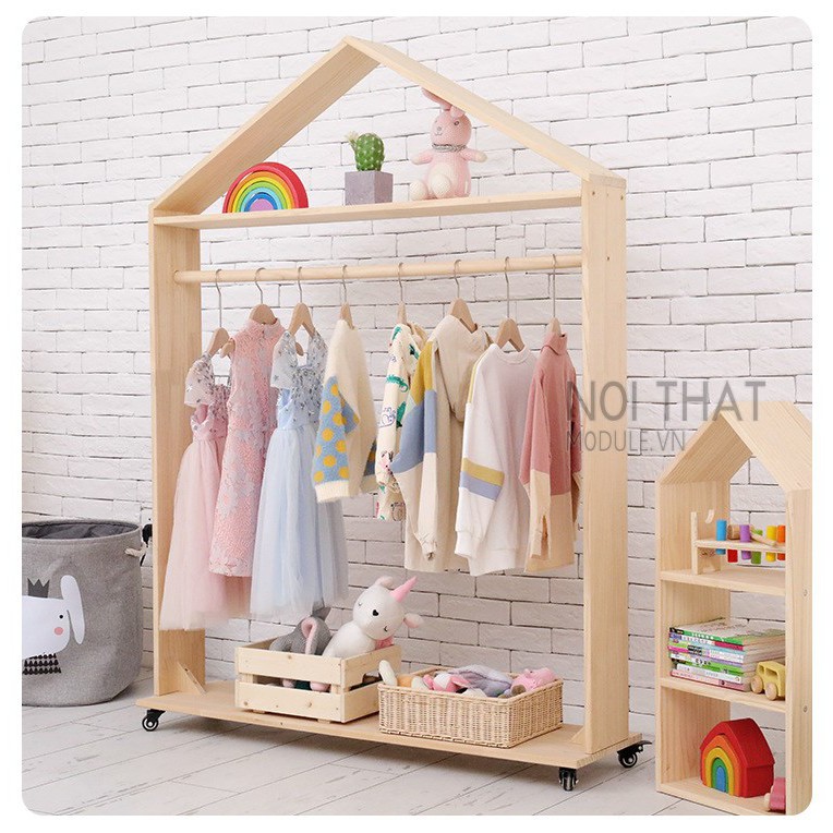 Gía treo quần áo trẻ em, tủ treo quần áo gỗ  hình mái nhà  dành cho trẻ ( no piant ) thân thiện với trẻ em | BigBuy360 - bigbuy360.vn