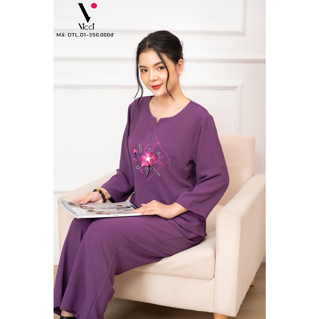 [BST Mới] Bộ mặc nhà trung niên cho mẹ, cho bà Vicci DTL01 thiết kế tay lỡ quần dài, chất liệu vải đũi chun mềm mịn