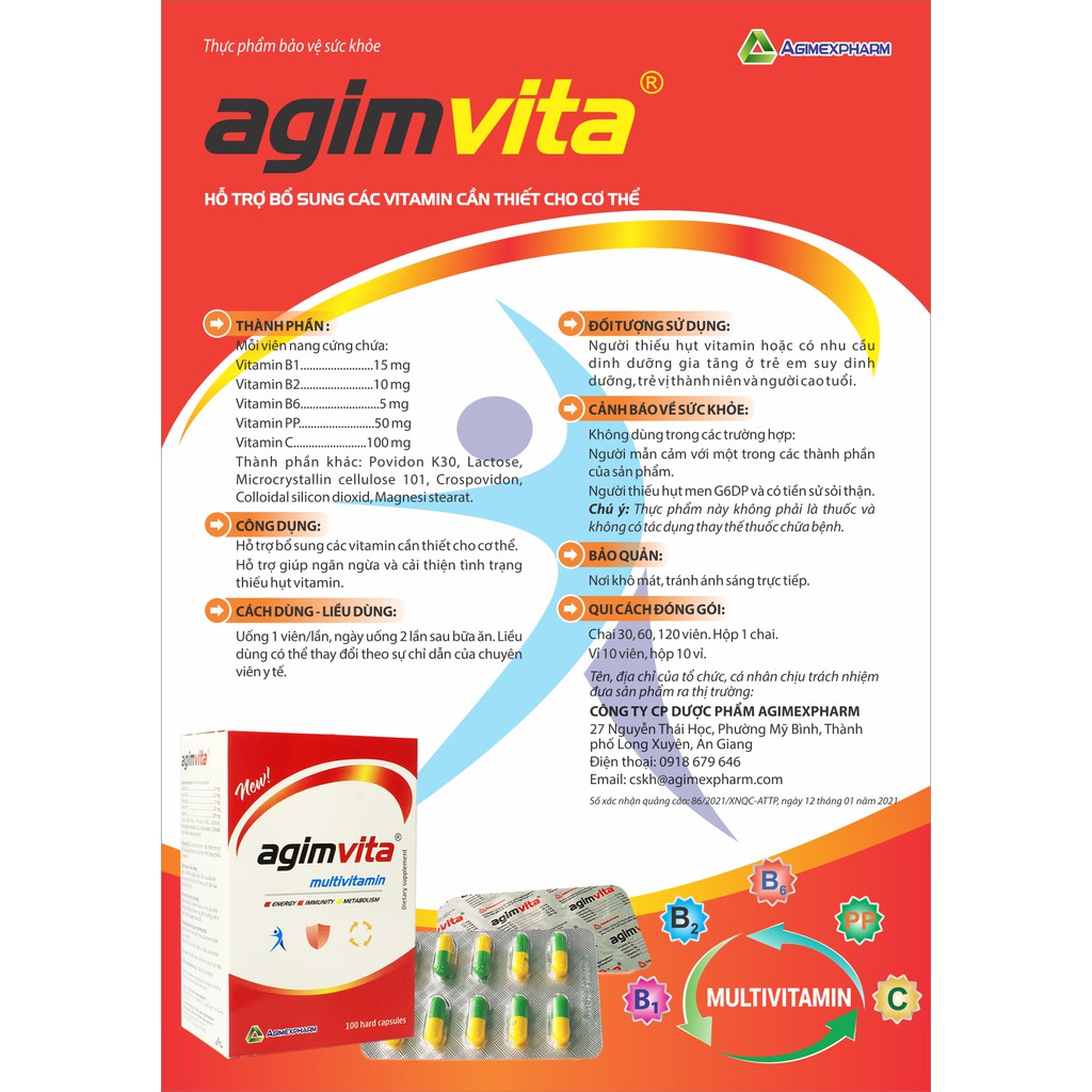 Viên uống bổ sung vitamin C, vitamin B1, B2, B3 , B6 - Agimvita - Hộp 100 viên