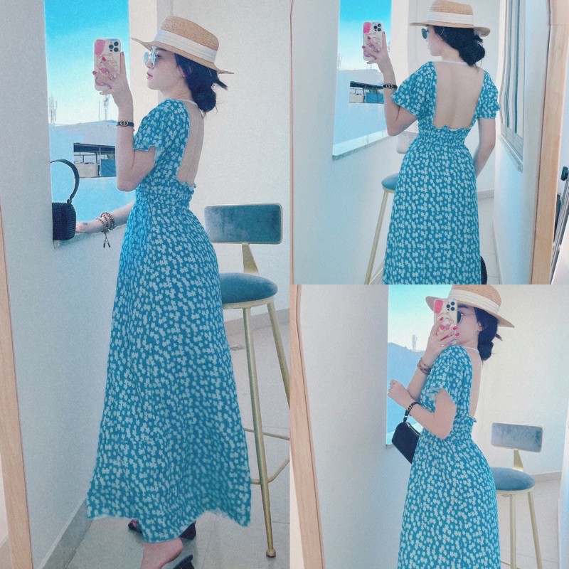 Đầm maxi đi du lịch biển, Đầm maxi hở lưng dự tiệc dáng xoè cao cấp