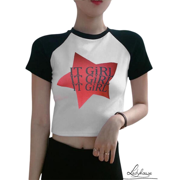 Áo Thun Crop Top Tay Ngắn Cổ Tròn In Chữ Và Ngôi Sao Màu Tương Phản Thời Trang Mùa Hè Cho Nữ