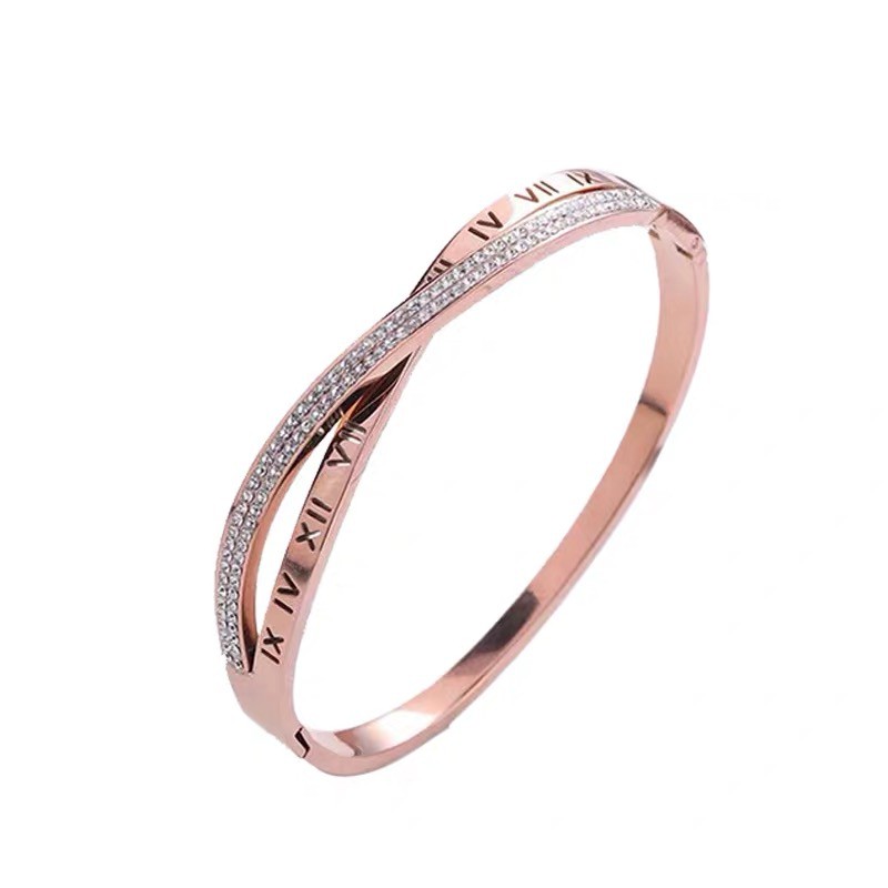 Vòng tay thép titan mạ vàng hồng 18K đính kim cương không phai không dị ứng khắc chữ la mã phong cách Hàn Quốc cho nữ