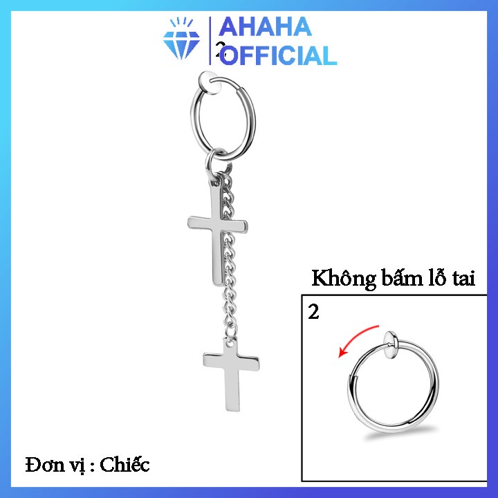 Bông tai nam inox cao cấp rẻ đẹp 1 chiếc kpop tòn ten hình thánh giá không bấm lỗ tai ahaha.officical PTBTNA33