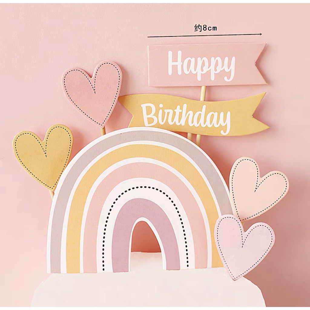 Set que cắm HPBD cầu vồng giấy + 3 tim vàng