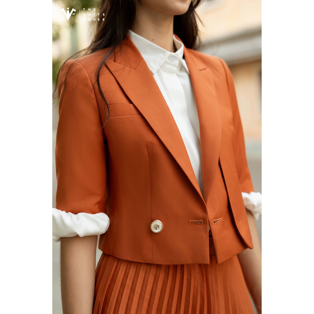Bộ vest nữ cam phối chân váy xếp ly, suits chuẩn form, chất Wool The Suits House