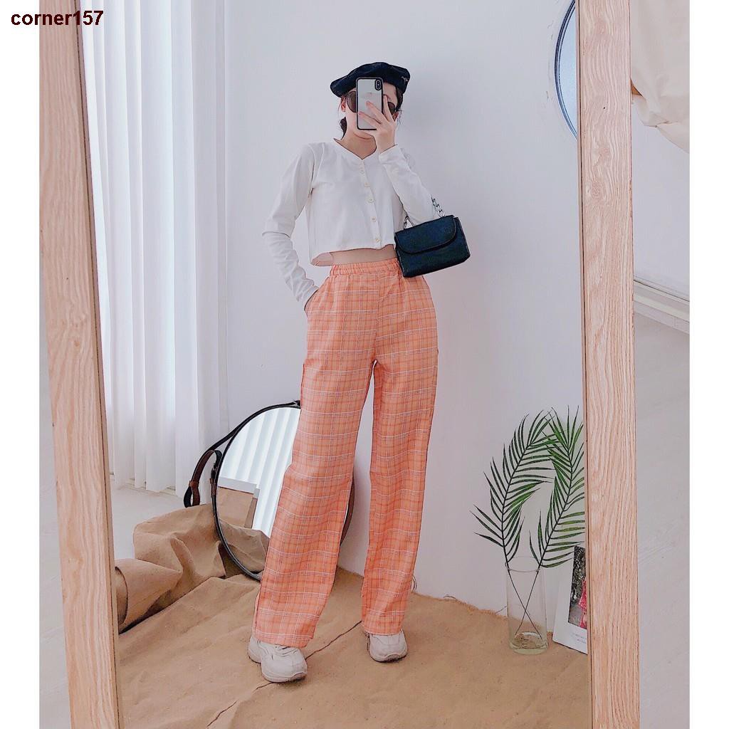 ⊕✜corner157Quần Kẻ Sọc Caro Nữ Ống Rộng Lưng Cao SANMAY Quần Baggy Unisex Dáng Suông Form Dài Vải Thun Cạp Chun Đi Học Đ