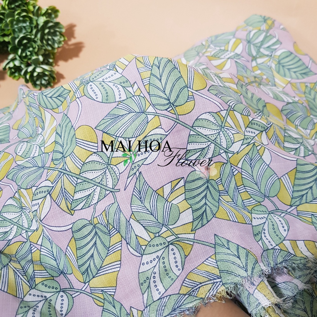 Vải voan xước in hình lá vải may đồ nữ mặc mùa hè chất vải mềm mại rủ đẹp Maihoaflower