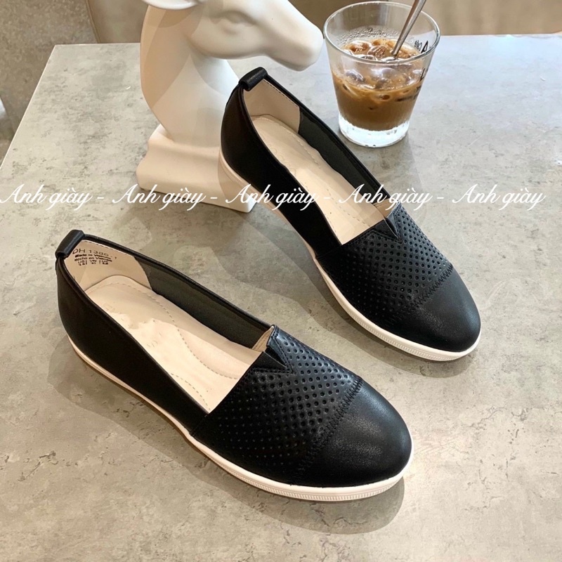 GB23- Giày slipon da lì , giày nữ đế bằng mũi tròn dập laze hàng VN xuất sịn cực êm chân