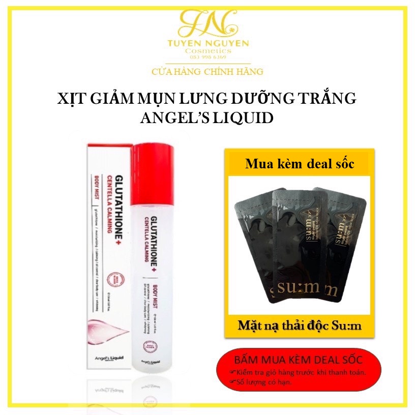 Xịt giảm mụn lưng dưỡng trắng cơ thể Angel's Liquid Glutathione Plus Centella Calming Body Mist 150ml