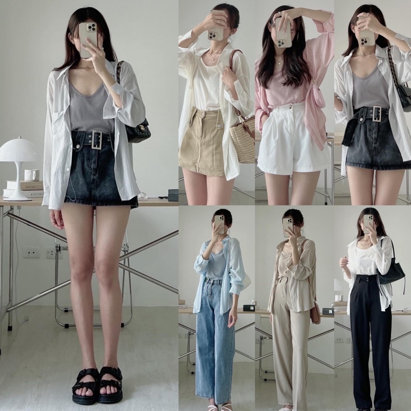 [Hàng chất lượng]Set sơ mi kèm áo hai dây”Decheeep” chất tơ xước Quảng Cháu