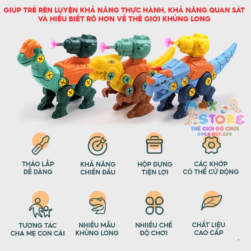 [ MẪU MỚI ] Bộ Đồ Chơi Lắp Ráp 3 Chú Khủng Long Kèm Hộp Nhựa Có Máy Vặn Vít