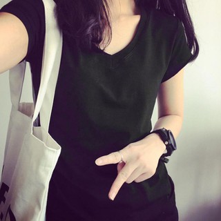 Áo thun nữ ngắn tay cổ tim màu trơn thời trang