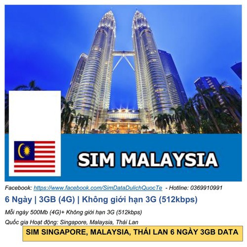 Sim Singapore-Malaysia-thai lan 6 Ngày3 GB (4G) + 3G unlimited