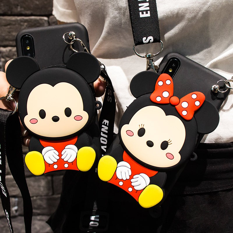 Samsung S10 S10PLUS S7edge S21Ultra S21+ A6 A8 2018 A6Plus A6+ A8Plus A8+ A12 A42 A02S A01Core A21S A31 A11 Cartoon Mickey silicone wallet mobile phone case Cute Minnie backpack mobile phone case Sling strap pocket mobile phone anti dropping shell