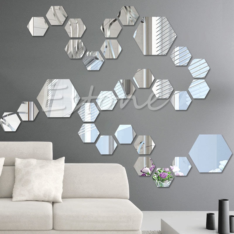 Bộ 12 Miếng Dán Tường Tráng Gương Hình Lục Giác 3D Màu Vàng / Bạc Họa Tiết Tổ Ong Độc Đáo Trang Trí Nhà Cửa / Văn Phòng / Phòng