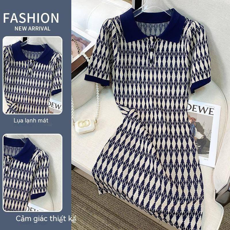 79HOUSE summer new slim knitted dress female Polo collar retro temperament package hip short skirt