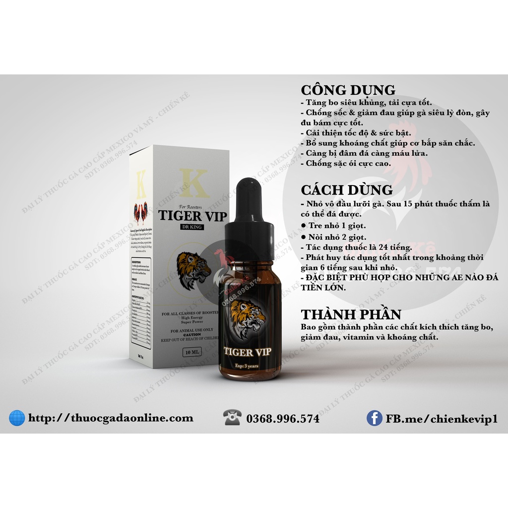 Thuốc gà đá TIGER VIP - Chính hãng USA - Tăng bo, tải cựa, chống ói, lỳ đòn - Chiết lẻ 1cc
