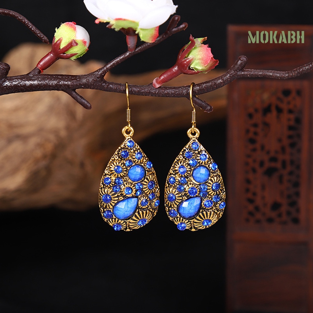 1 Đôi Bông Tai Đính Đá Hình Giọt Nước Phong Cách Dân Tộc Thời Trang